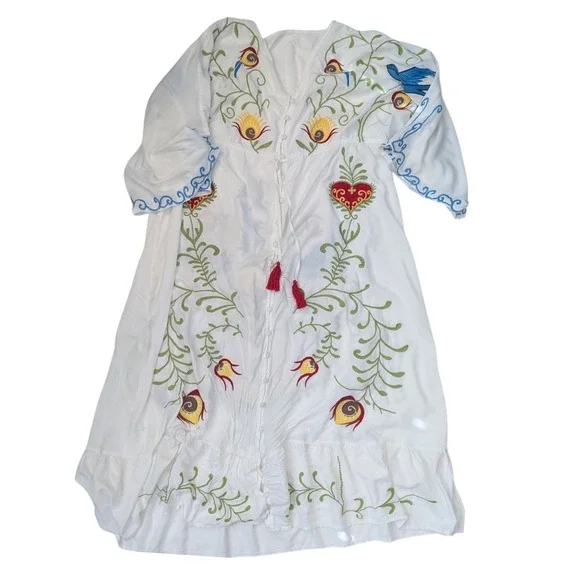 Jastie 2022 Floral Embroidered Maxi V-Neck L/S Tassel Boho Dress Women's Size S - Picture 2 of 10